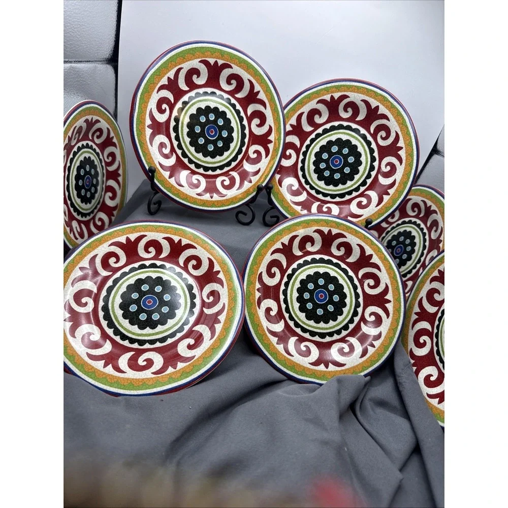 222 Fifth Happy Suzani Small Plate 6.25 Inch Salad Dessert Rd Gr Bl Ye Set Of 8